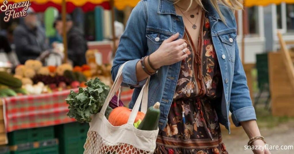 Stylish Market Visit: Woman with Fresh Produce in Eco-Friendly Bag at Farmers Market—Snazzy Flare