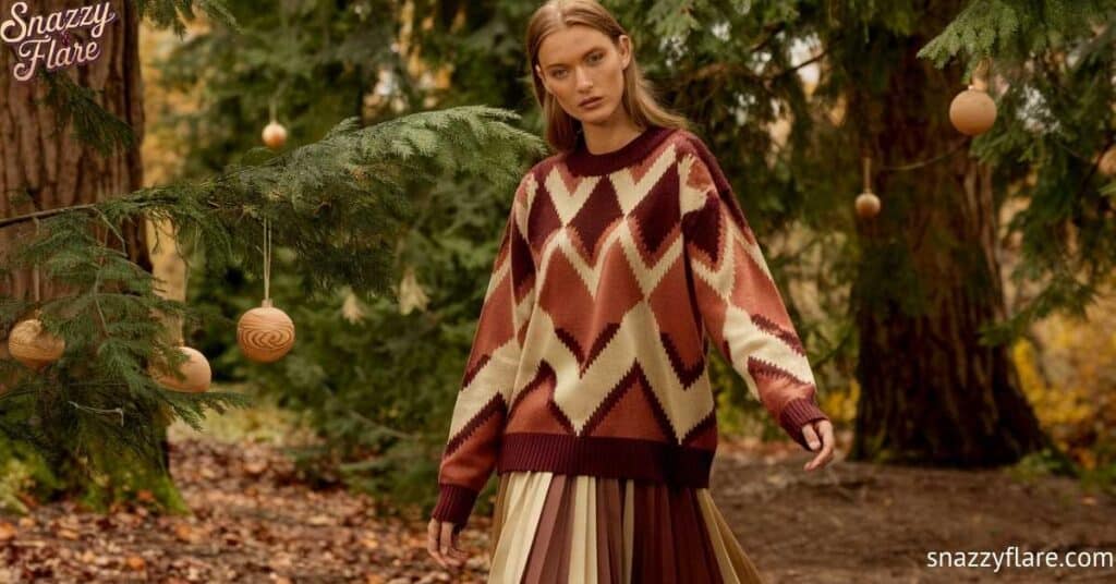 Person wearing a patterned sweater and skirt in a forest with hanging ornaments