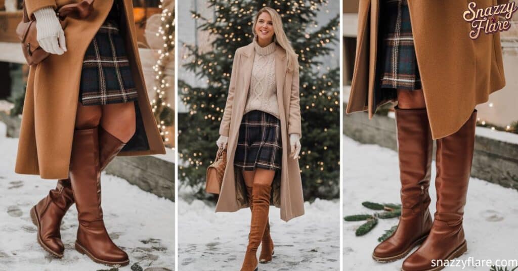 Person wearing a camel coat, plaid skirt, and brown knee-high boots, standing in a snowy setting with a decorated Christmas tree in the background