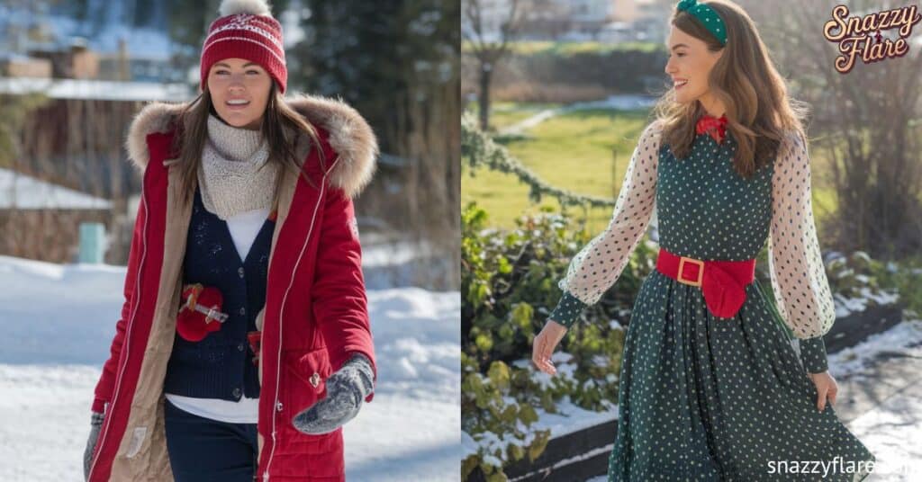 Two women showcasing winter and spring fashion. One wears a red coat with a fur hood, the other a green polka dot dress with sheer sleeves