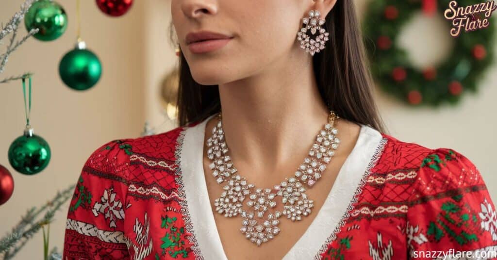 Woman in red holiday sweater with green and white patterns, wearing sparkling jewelry, and standing before Christmas decorations