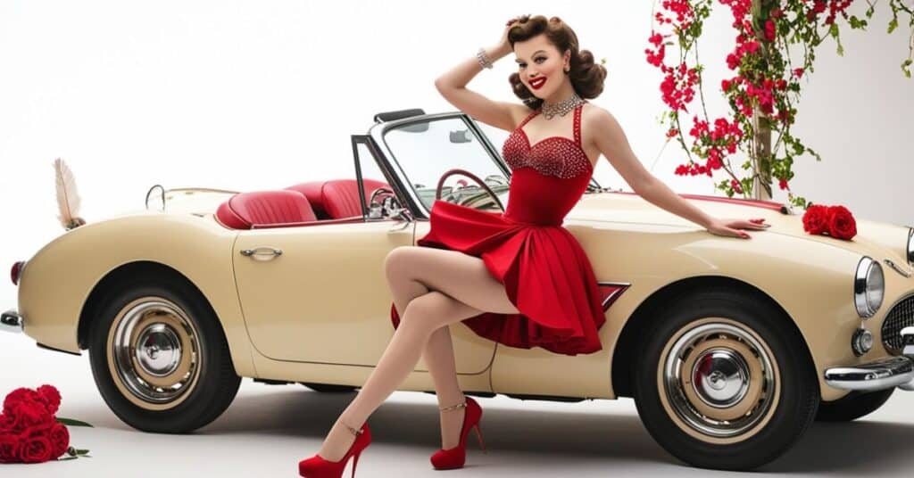 A woman wearing a vintage 1950s pin-up dress with red lipstick and winged eyeliner, posing playfully in a vintage car.