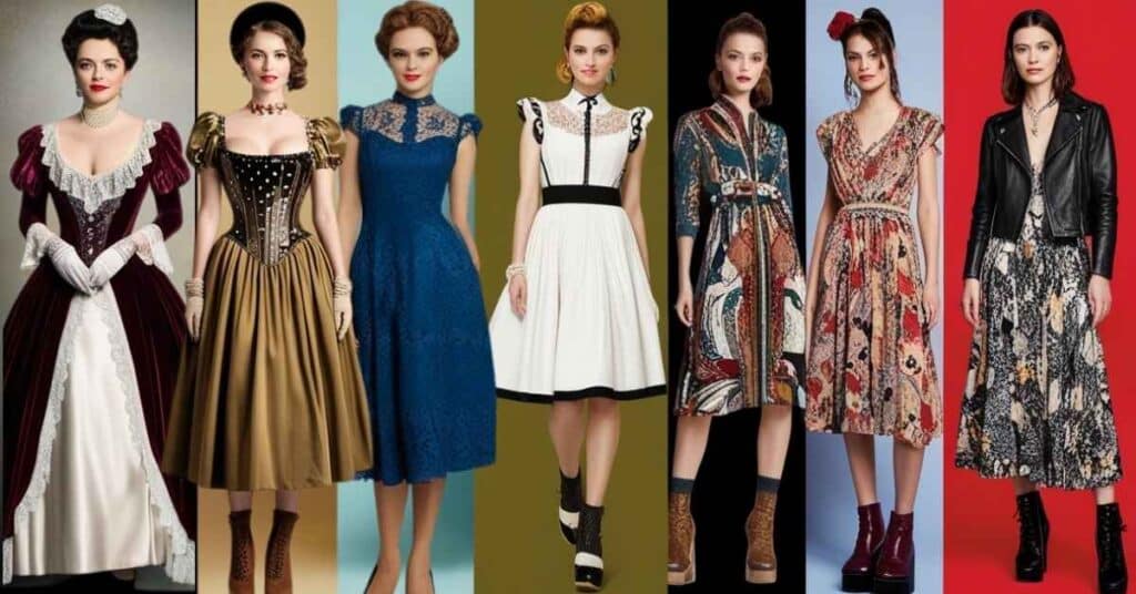 A stylish collage of diverse women wearing retro revival dresses from different eras, including Victorian, 1940s chic, steampunk, cottagecore, indie sleaze, and modern vintage styles, set against a vibrant backdrop