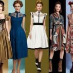 A stylish collage of diverse women wearing retro revival dresses from different eras, including Victorian, 1940s chic, steampunk, cottagecore, indie sleaze, and modern vintage styles, set against a vibrant backdrop