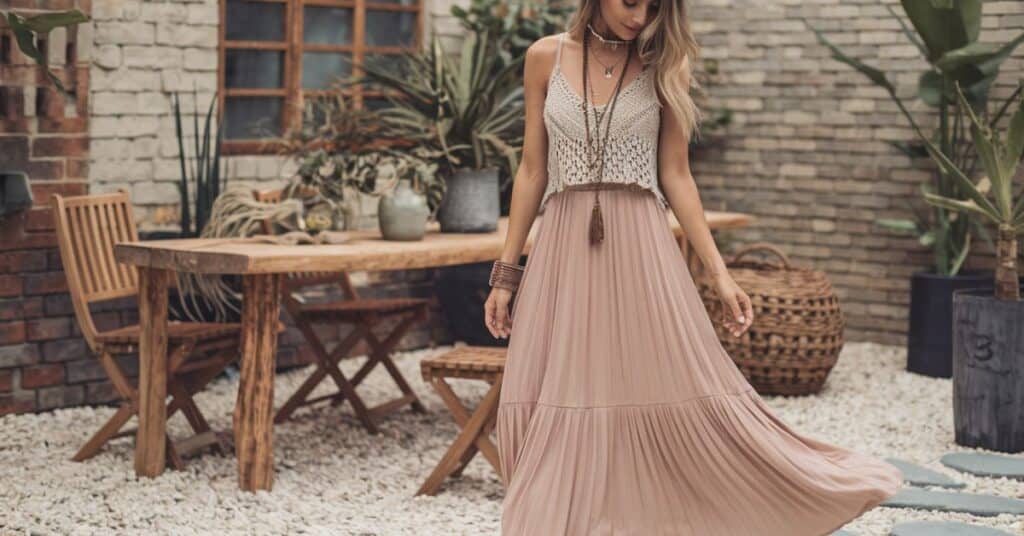 A woman wearing a flowing maxi dress, a crochet top, and layered necklaces, posing in a bohemian setting.