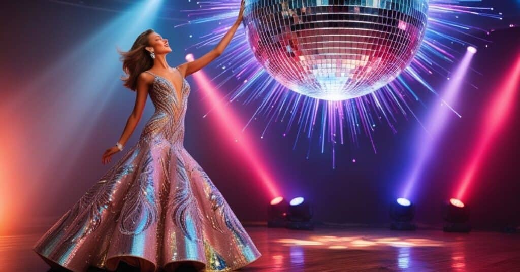 A woman dancing in a sparkling disco ball dress, with disco lights reflecting off her in a dimly lit room