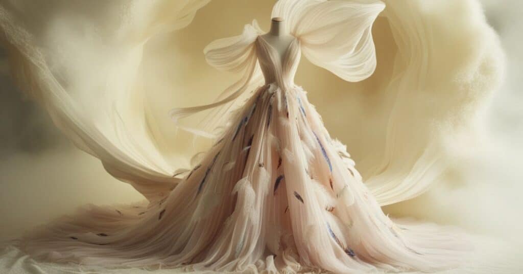 surreal, dreamy dress made from flowing fabrics with feathered accents, offering a fairy-tale-like vibe