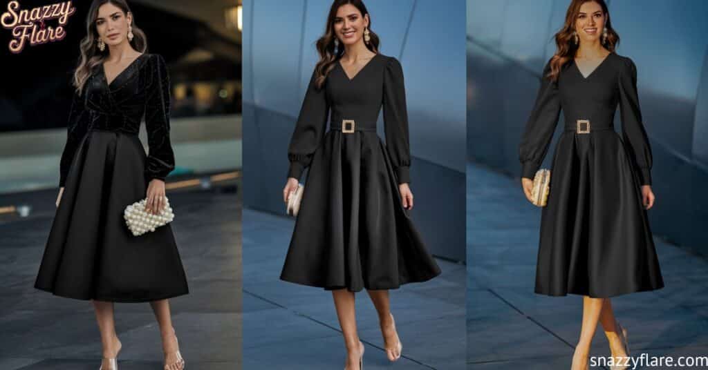 Three women wearing elegant black dresses with long sleeves, accessorized with belts and clutches, from Snazzy Flare