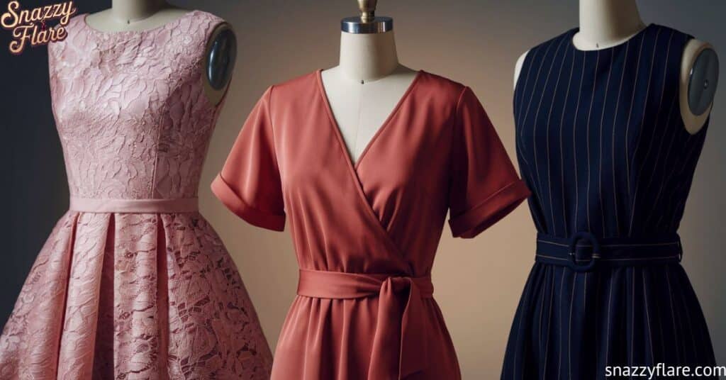 Three stylish dresses on mannequins: pink lace, rust-colored wrap, and navy pinstripe