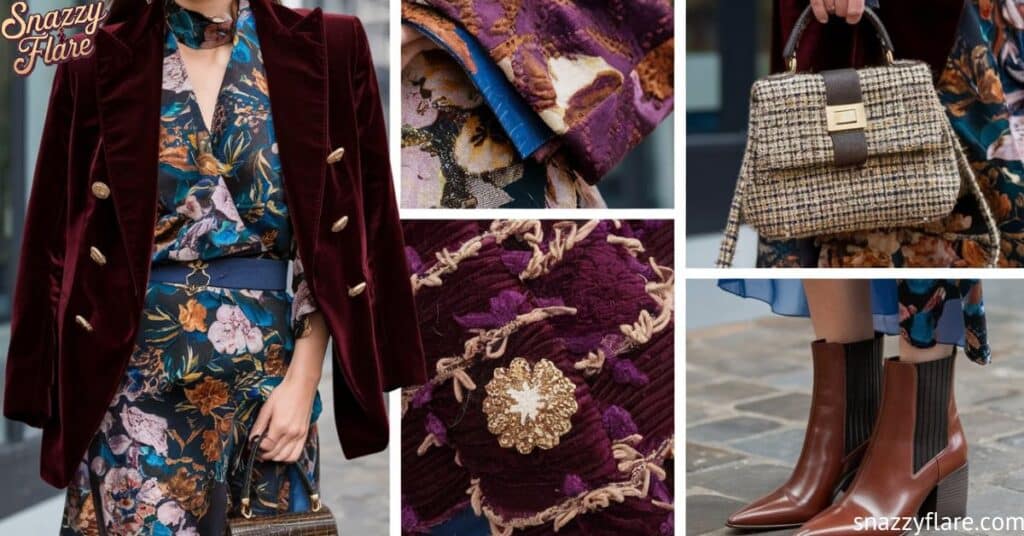 A collage showcasing a stylish outfit with a burgundy velvet blazer, floral dress, tweed handbag, and brown ankle boots