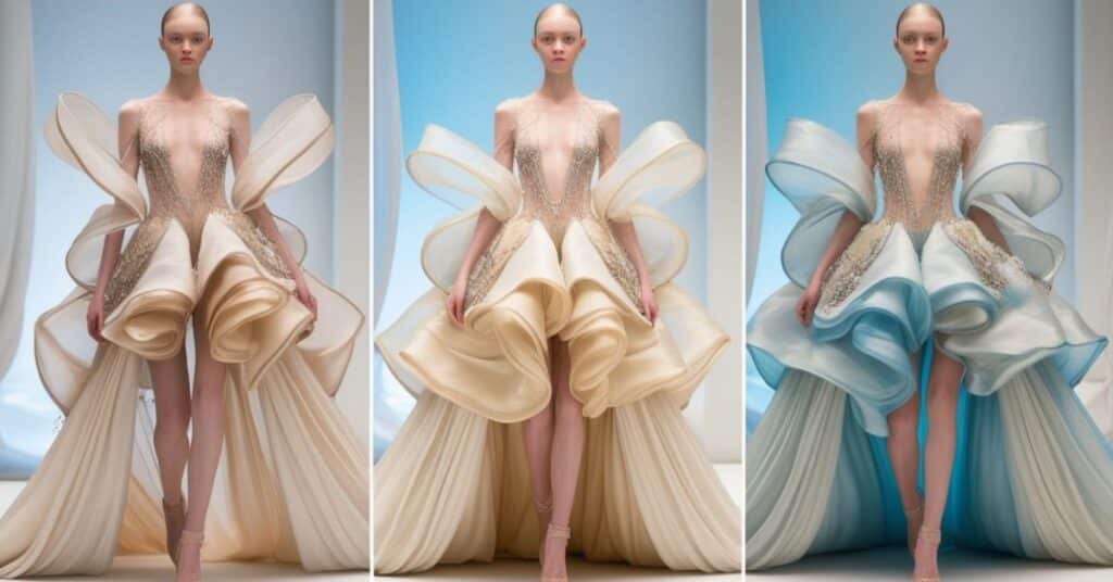 A surreal fashion look featuring floating transparent fabric layers, creating a dreamy, ethereal effect.