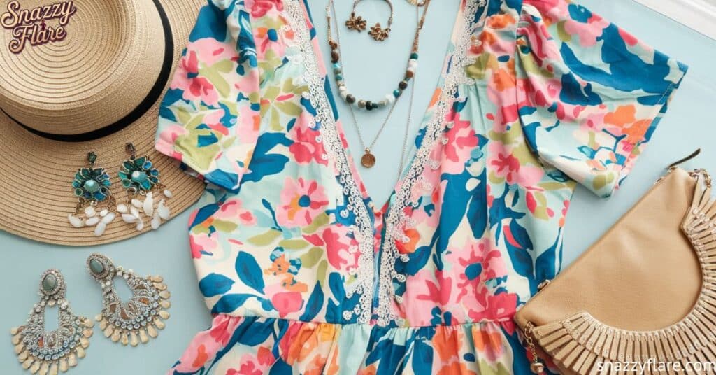 Flat lay of a floral dress with lace trim, straw hat, earrings, necklaces, and a beige clutch