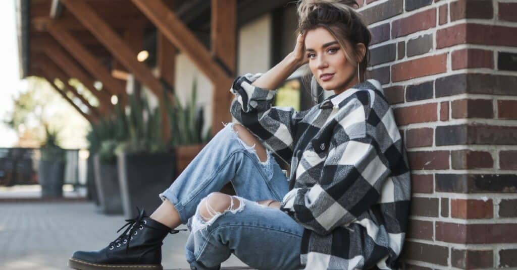 A person wearing an oversized flannel shirt, ripped jeans, and combat boots, leaning against a brick wall.