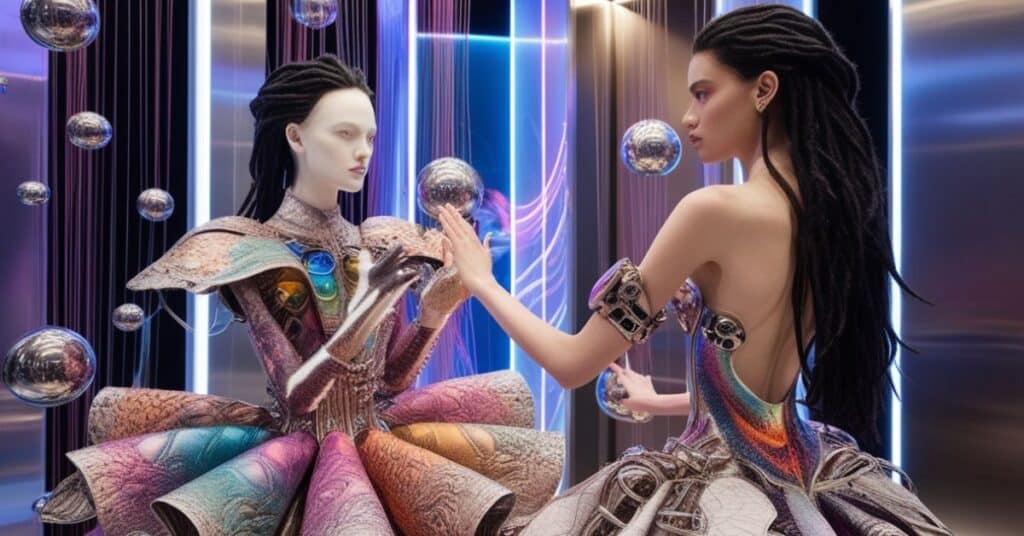 A surreal fashion piece with interactive elements that change colors or textures upon touch