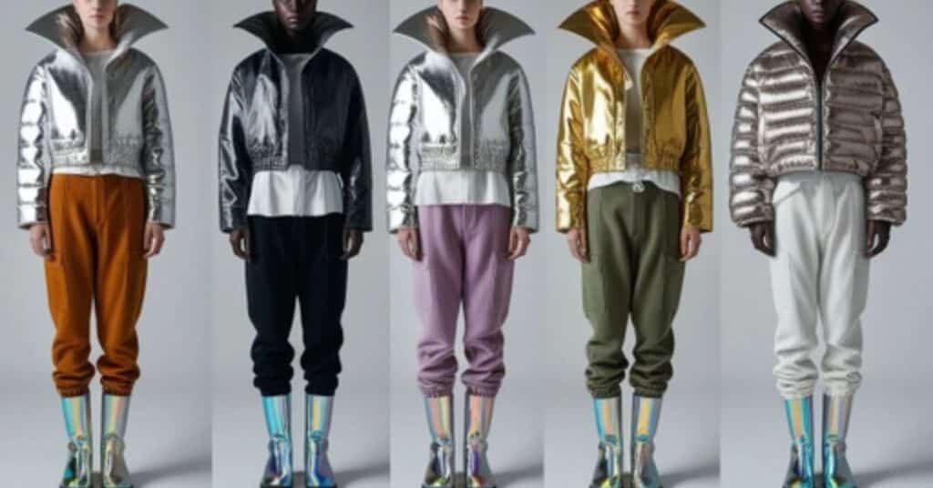 A surreal fashion look combining metallic, holographic, and organic cotton elements for a unique, striking effect.