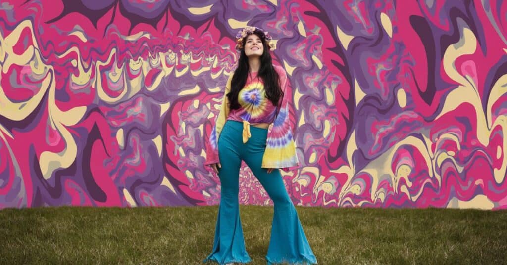 A person wearing a tie-dye shirt, bell-bottom pants, and a flower crown, with a psychedelic background.