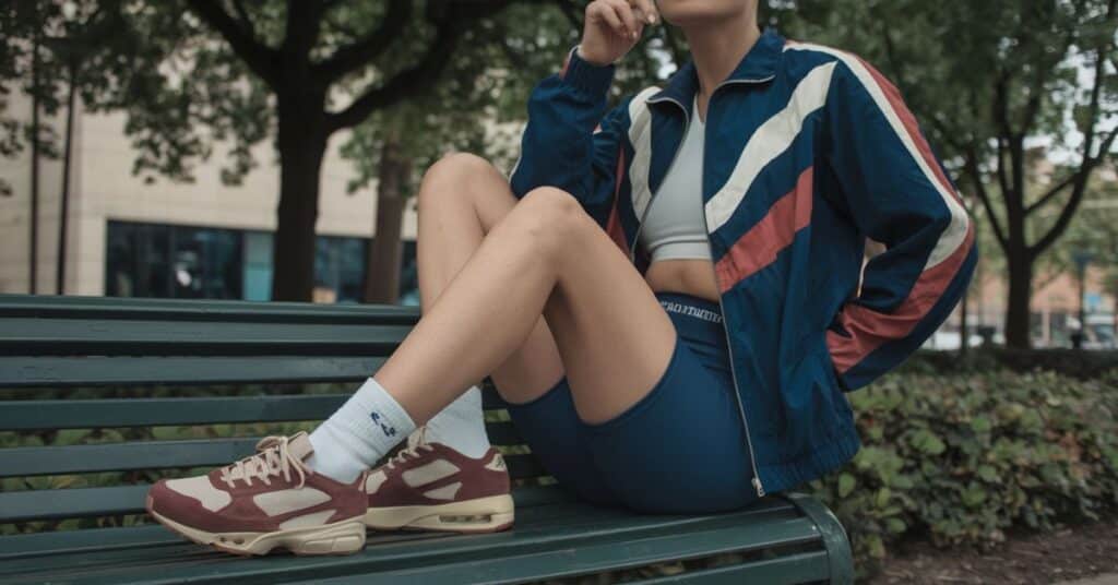 A person wearing a vintage-inspired track jacket, high-waisted shorts, and retro sneakers, engaging in a casual activity.