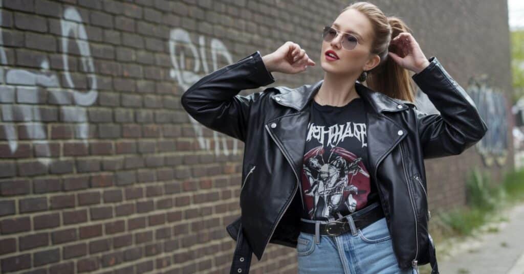 A person wearing a leather jacket, high-waisted jeans, and a band t-shirt, with a rebellious attitude