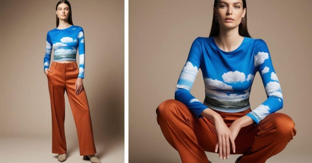 A surreal outfit with a sky-printed top and earth-toned terracotta pants, perfect for surrealist fashion enthusiasts.