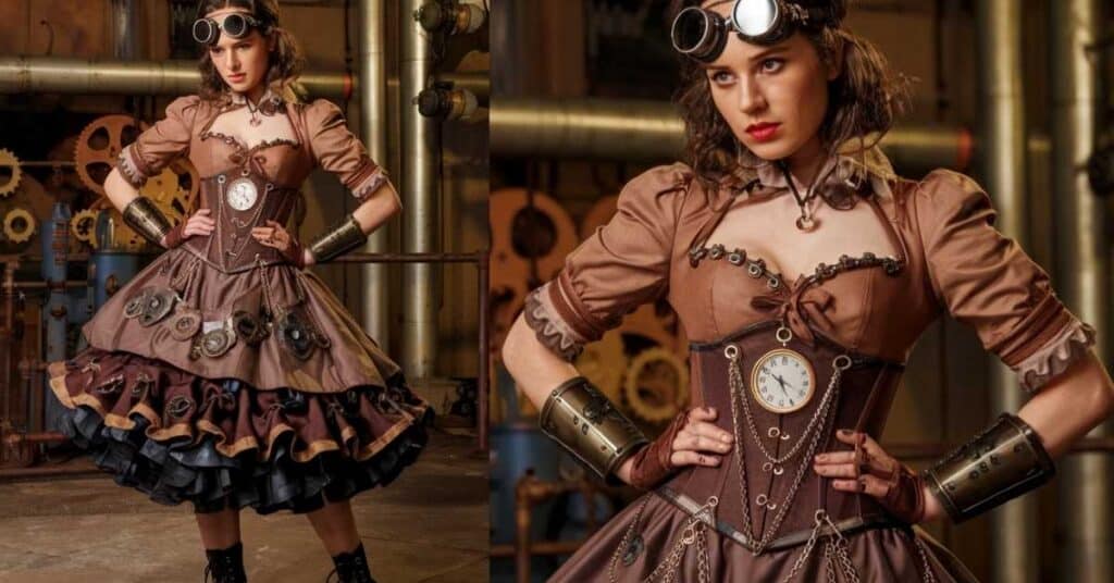 A steampunk-inspired dress with metallic embellishments, corsetry, and lace gloves, paired with goggles and lace-up boots