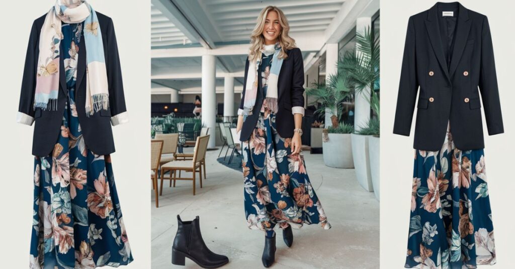 A floral dress paired with a black blazer and a pastel scarf, complemented by black ankle boots.