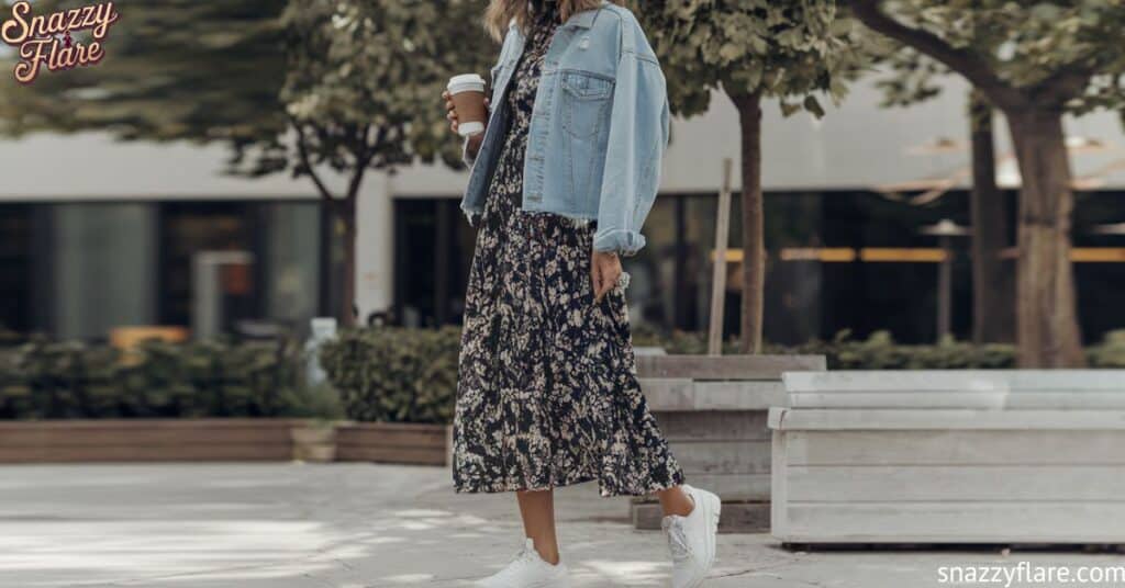 Woman wearing a floral dress and denim jacket, holding a coffee cup, walking in an urban park with trees and benches