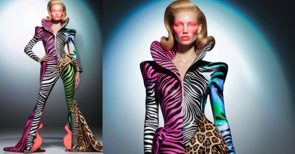 A surreal outfit with distorted, vibrant animal prints in unexpected colors like neon pink and blue.