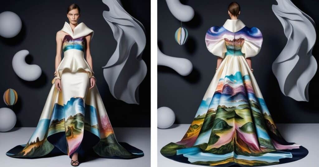 A surrealist silk gown with hand-painted dream-like landscapes, reflecting the essence of avant-garde fashion.