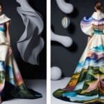 A surrealist silk gown with hand-painted dream-like landscapes, reflecting the essence of avant-garde fashion.