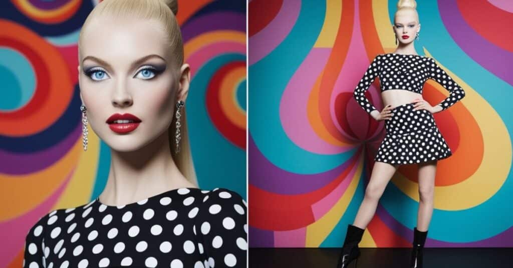 A model wearing a mini skirt and go-go boots, posing in front of a psychedelic backdrop, embodying the Swinging Sixties Mod style