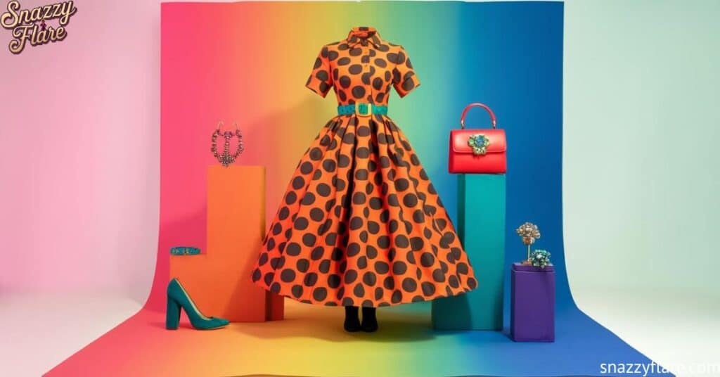 Colorful display with a polka dot dress, teal heels, a red handbag, and accessories on a rainbow gradient background.