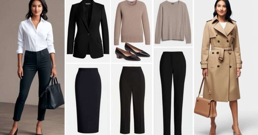 A 10-piece capsule wardrobe for work, including a white shirt, blazer, jeans, skirt, sweater, trousers, loafers, heels, handbag, and trench coat.