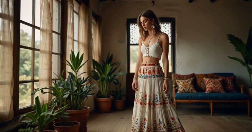 A person in a white crop top and a colorful skirt stands in a sunlit room with potted plants and a blue couch