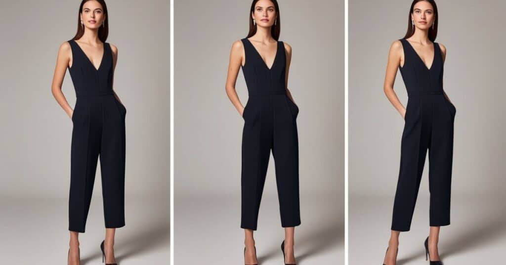 Three views of a person wearing a sleeveless black jumpsuit with a deep V-neckline, fitted waist, and cropped pants.