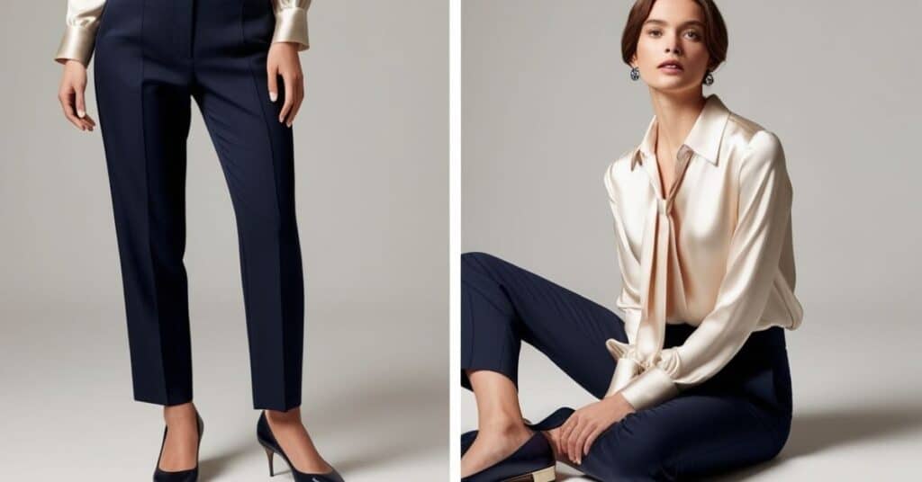 Two images showing a person wearing a cream silk blouse and navy trousers, one standing and one sitting.