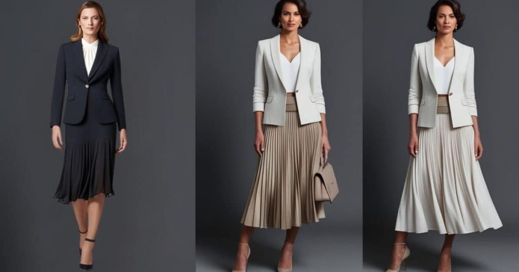 Three women wearing stylish business outfits with blazers and pleated skirts in different colors