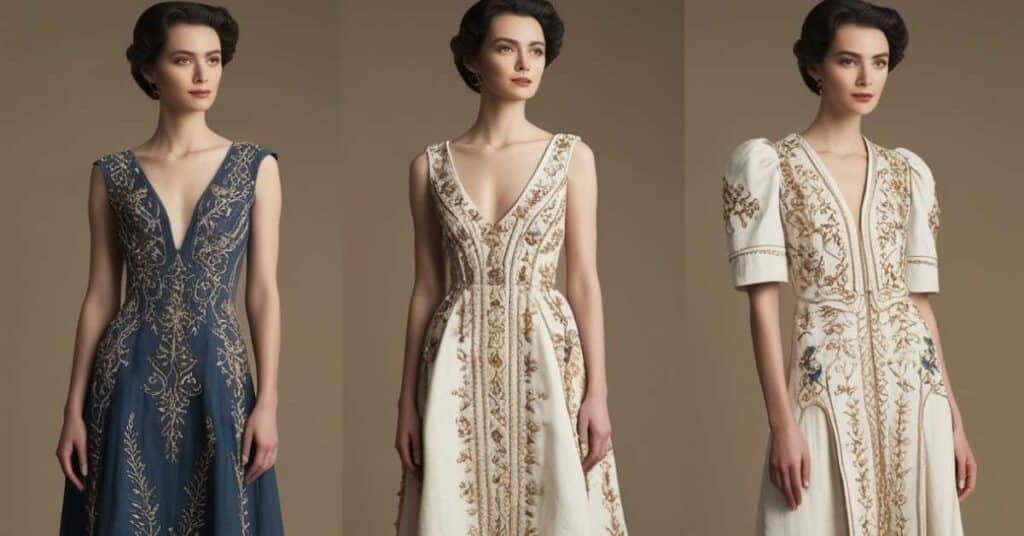 Three elegant dresses with intricate embroidery, featuring a blue sleeveless dress, a white sleeveless dress, and a white dress with short sleeves.