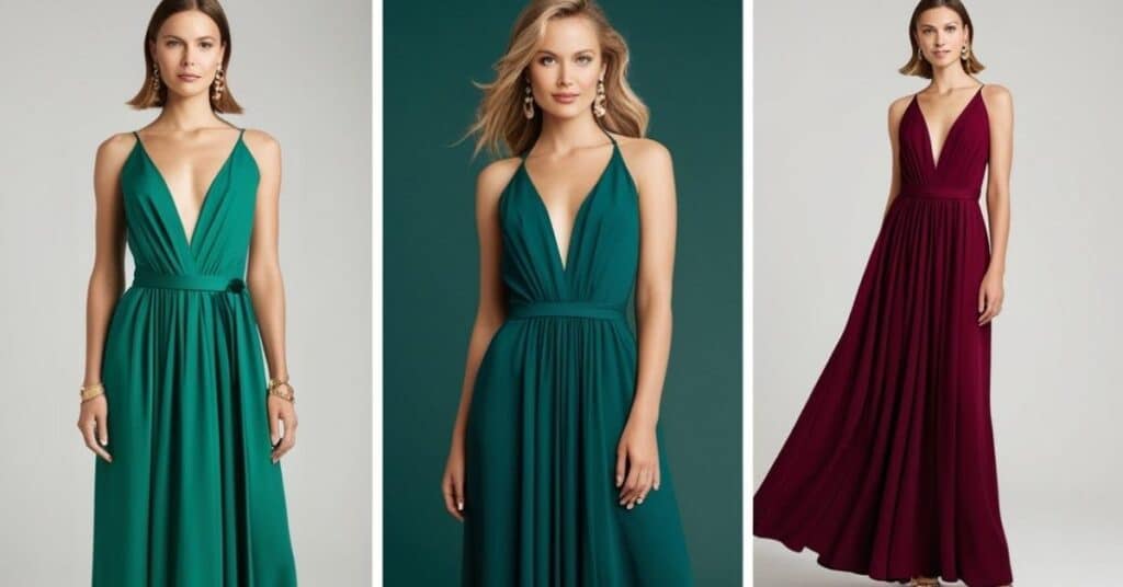 Three women wearing elegant evening gowns in green and burgundy colors with deep V-necklines and flowing skirts