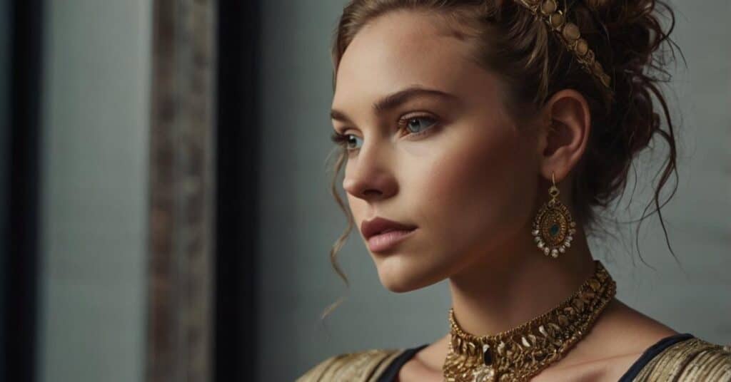 A person wearing ornate gold jewelry including a headband, earrings, and a choker necklace