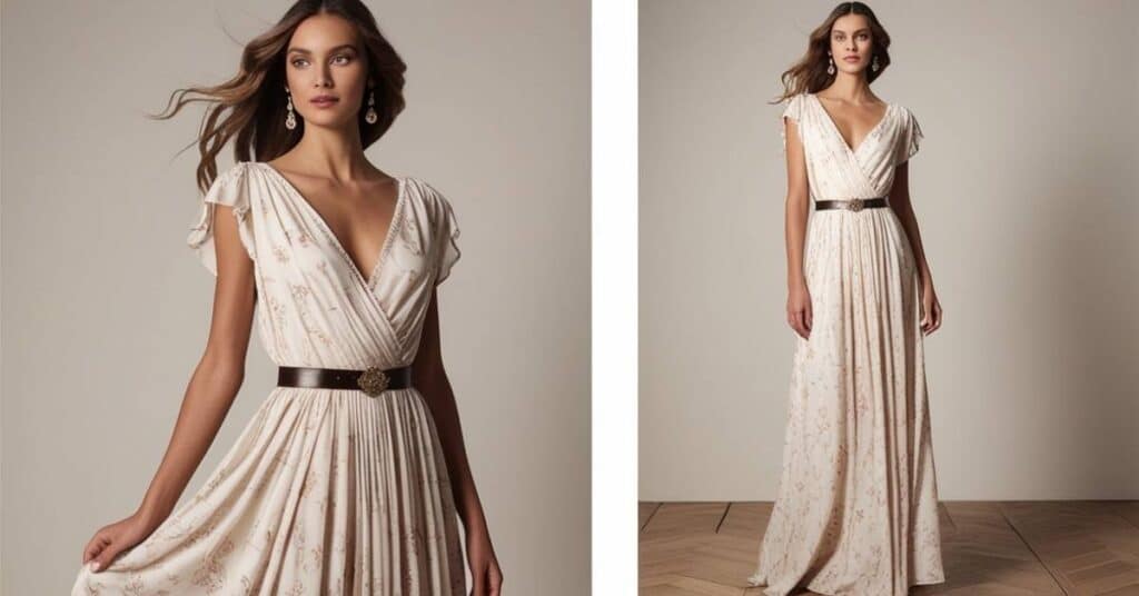 A woman wearing an elegant white floral maxi dress with a deep V-neck and a brown belt, shown in two views