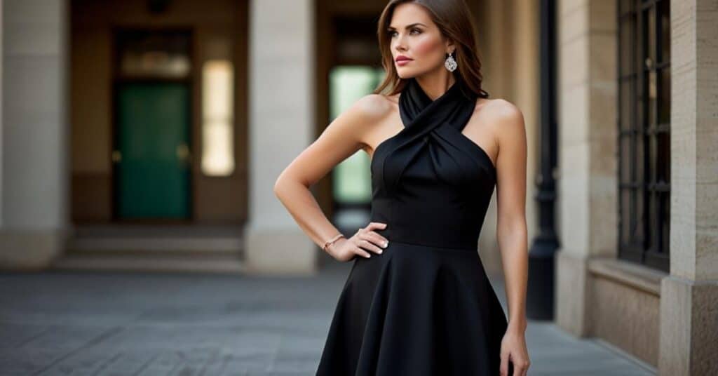 A woman wearing a stylish black halter-neck dress, standing outdoors in front of a building.