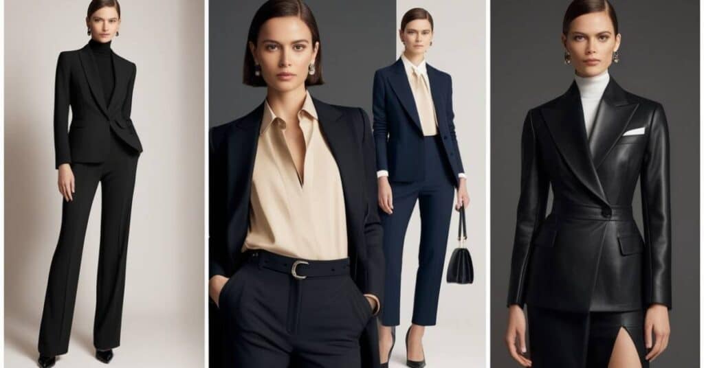 Four women modeling different styles of business suits, including black, navy, and leather options