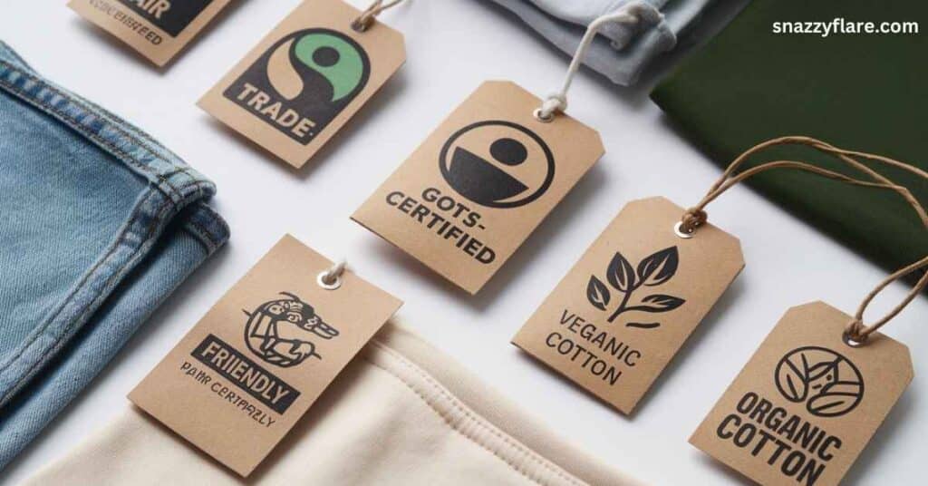 Sustainable fashion brand tags showcasing ethical and eco-friendly clothing certifications.