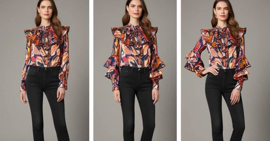 A fashion model wearing a colorful ruffled blouse with a vibrant pattern and black high-waisted jeans, shown in three different poses