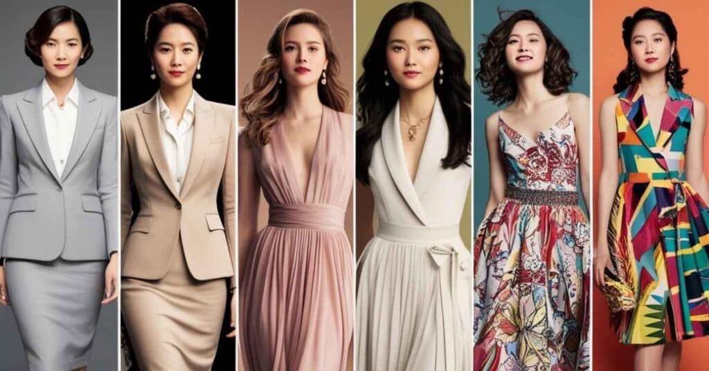 Six women in various outfits including business suits, evening gowns, and colorful dresses, showcasing different fashion styles