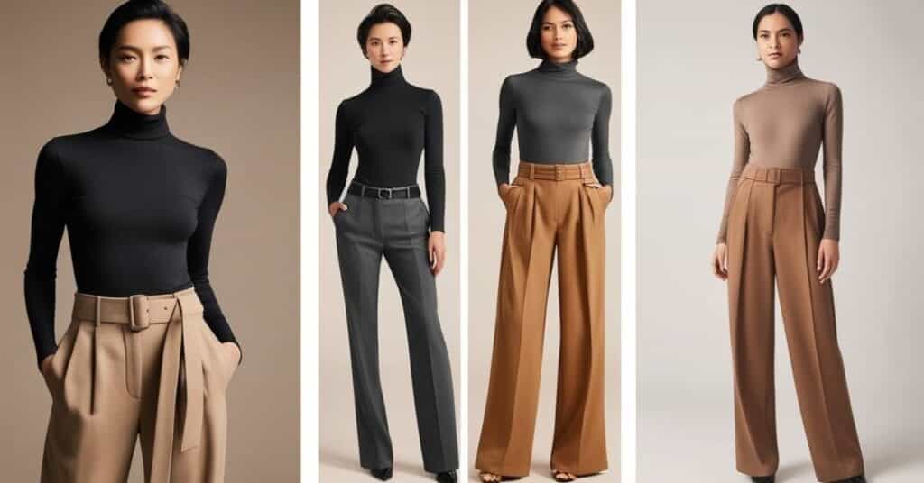 Four models wearing high-waisted pants with turtlenecks in different colors and styles