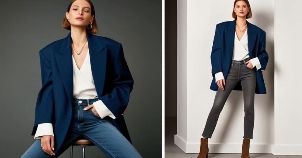 Two images showing a person wearing a blue blazer, white top, and jeans. One image shows the person sitting, the other standing