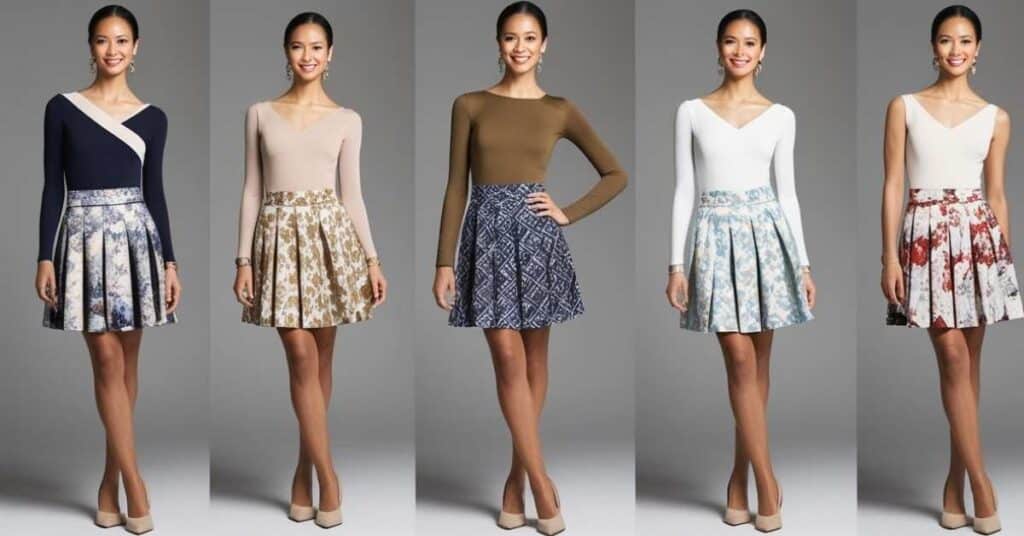 Five women wearing different combinations of long-sleeve tops and pleated skirts with various patterns and colors