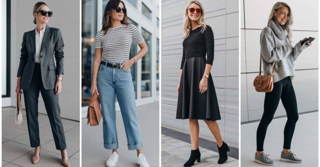 Examples of styled outfits for work, weekends, date nights, and travel using a capsule wardrobe