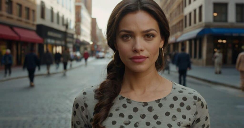 A person with long hair in a braid, wearing a polka dot shirt, standing on a cobblestone city street with buildings and people in the background.